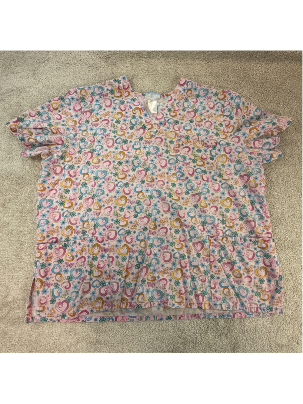 SB Scrubs Women’s 2X Pink Hearts Butterfly Floral Print V-Neck Medical Scrub Top